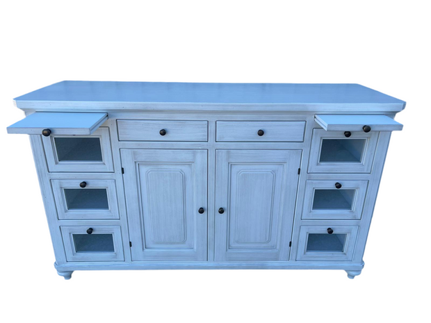 Credenza Giorgia bianca provenzale in noce massello con due sportelli centrali e cassetti laterali in vetro