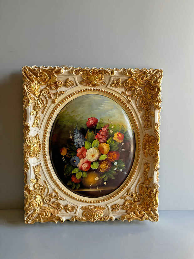Quadro floreale Fiori Vivace con cornice panna e dorata lavorata in stile classico – Mobilia60